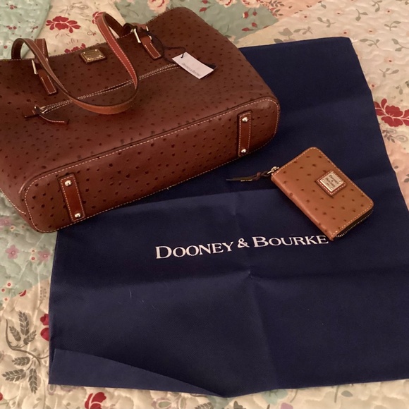 Dooney & Bourke Ostrich Leather Large Shopper Tote Cognac Brown & Wallet - Picture 3 of 11